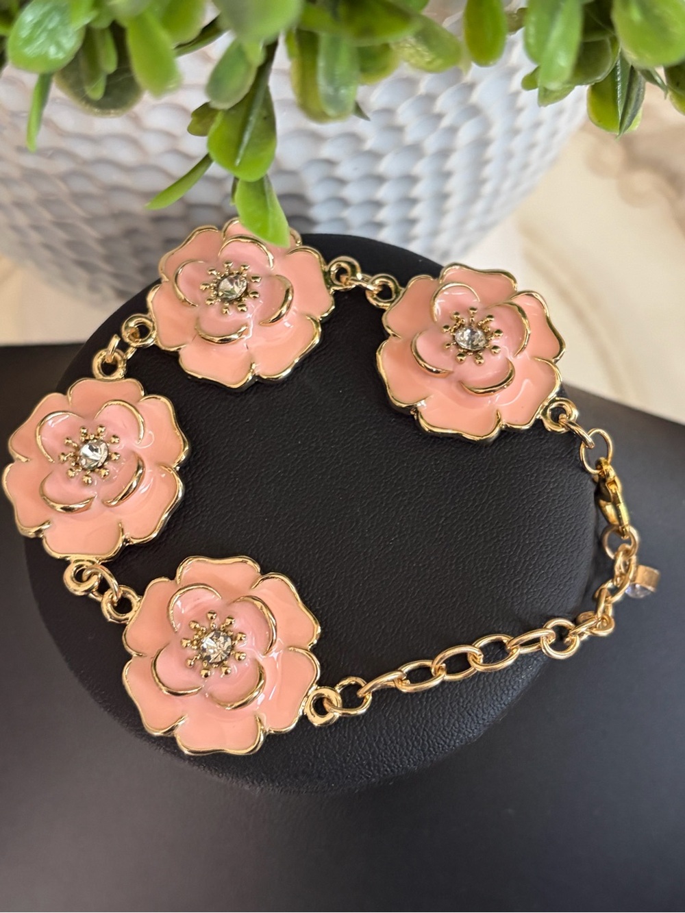 Gold-Tone Pink Flower Link Bracelet - Picture 3 of 5
